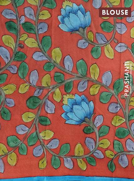 Printed silk saree cs blue and orange with shibori prints and kalamkari hand painted pallu & blouse