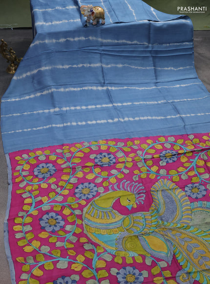 Printed silk saree blue shade and magenta pink with shibori prints and kalamkari hand painted pallu & blouse