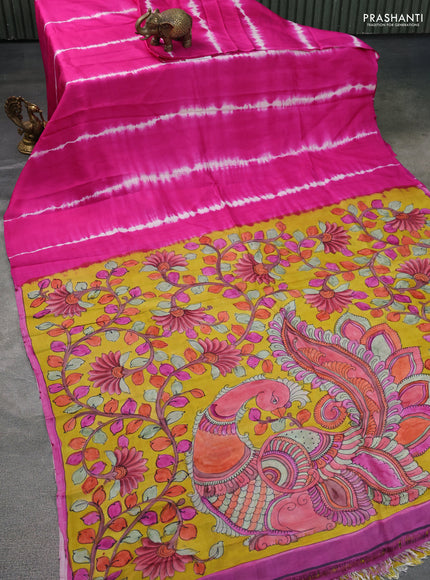 Printed silk saree pink and mustard yellow with shibori prints and kalamkari hand painted pallu & blouse