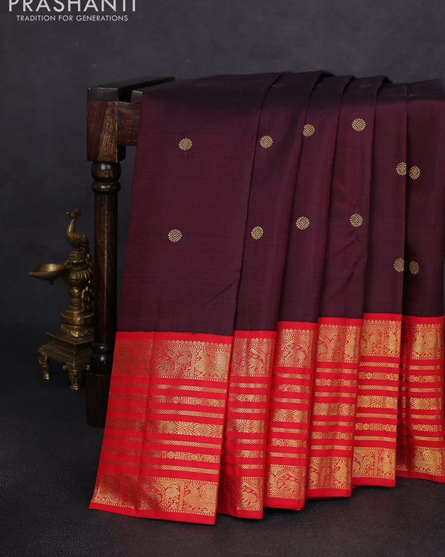 Pure kanchipuram silk saree deep jamun and red with zari woven buttas and zari woven korvai border