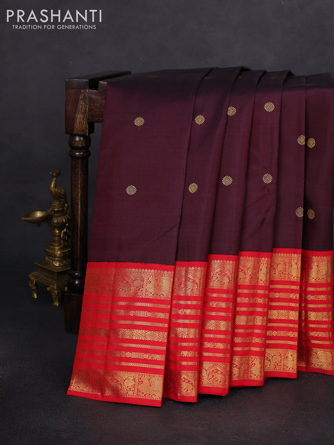 Pure kanchipuram silk saree deep jamun and red with zari woven buttas and zari woven korvai border