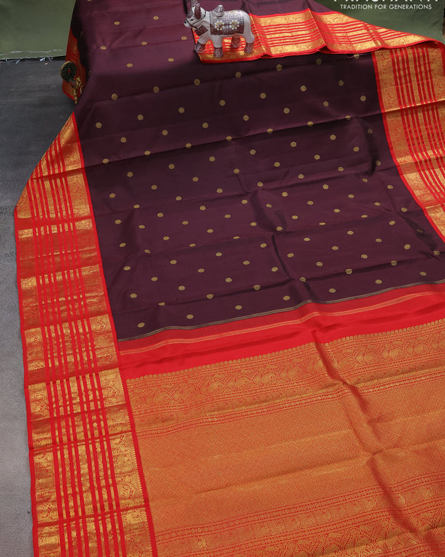 Pure kanchipuram silk saree deep jamun and red with zari woven buttas and zari woven korvai border