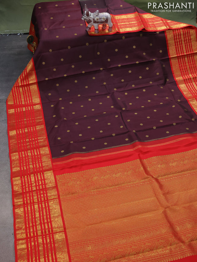 Pure kanchipuram silk saree deep jamun and red with zari woven buttas and zari woven korvai border