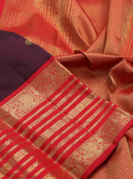 Pure kanchipuram silk saree deep jamun and red with zari woven buttas and zari woven korvai border