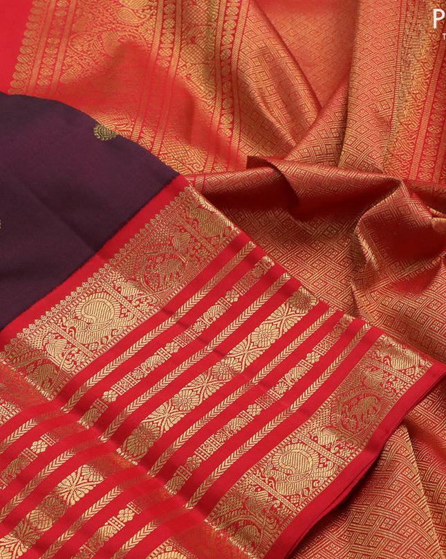 Pure kanchipuram silk saree deep jamun and red with zari woven buttas and zari woven korvai border