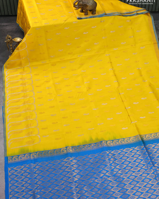 Pure uppada silk saree yellow and cs blue with silver & gold zari woven buttas and rich zari border