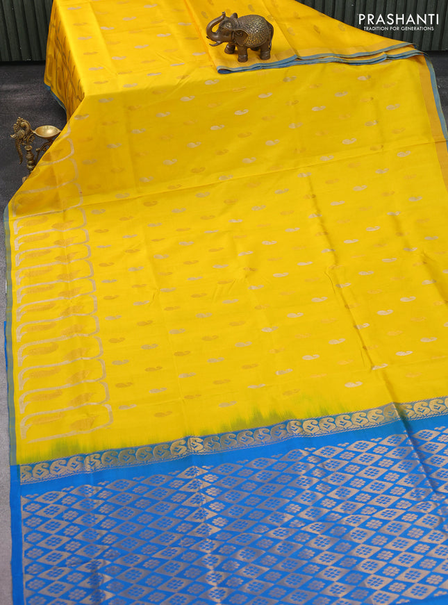 Pure uppada silk saree yellow and cs blue with silver & gold zari woven buttas and rich zari border