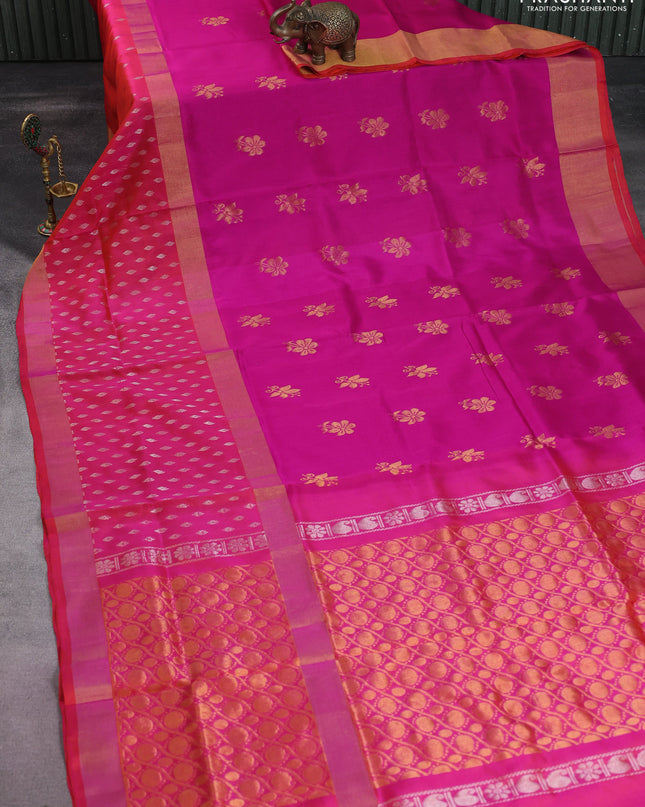 Pure uppada silk saree pink and dual shade of pinkish orange with zari woven buttas and long zari woven butta border