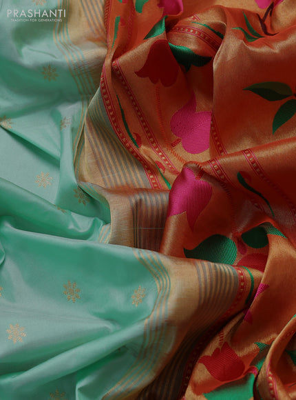 Pure paithani silk saree teal green shade and red with allover zari woven buttas and paithani weaving pallu
