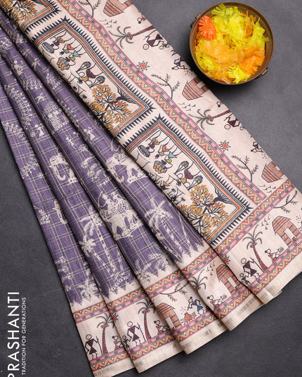 Semi tussar saree violet and cream with allover zari checks & warli prints  and printed border