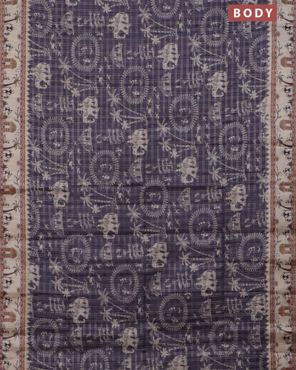 Semi tussar saree violet and cream with allover zari checks & warli prints  and printed border