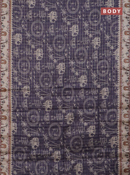 Semi tussar saree violet and cream with allover zari checks & warli prints  and printed border