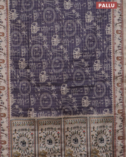 Semi tussar saree violet and cream with allover zari checks & warli prints  and printed border