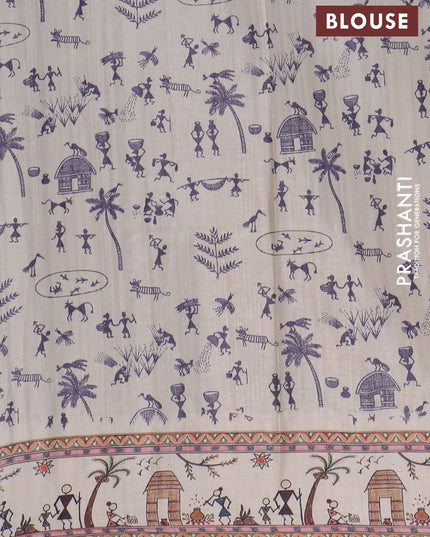 Semi tussar saree violet and cream with allover zari checks & warli prints  and printed border