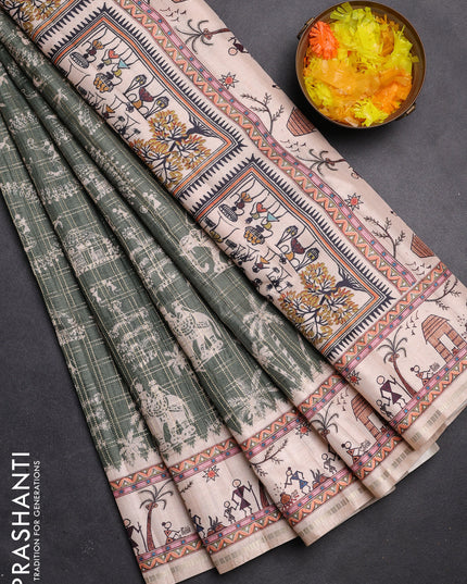 Semi tussar saree sap green and cream with allover zari checks & warli prints  and printed border
