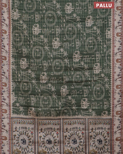 Semi tussar saree sap green and cream with allover zari checks & warli prints  and printed border