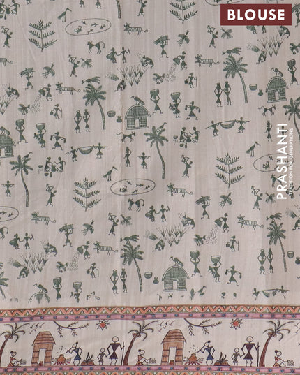 Semi tussar saree sap green and cream with allover zari checks & warli prints  and printed border