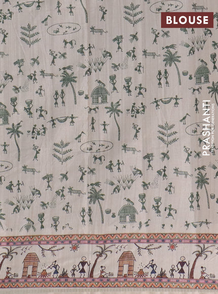 Semi tussar saree sap green and cream with allover zari checks & warli prints  and printed border