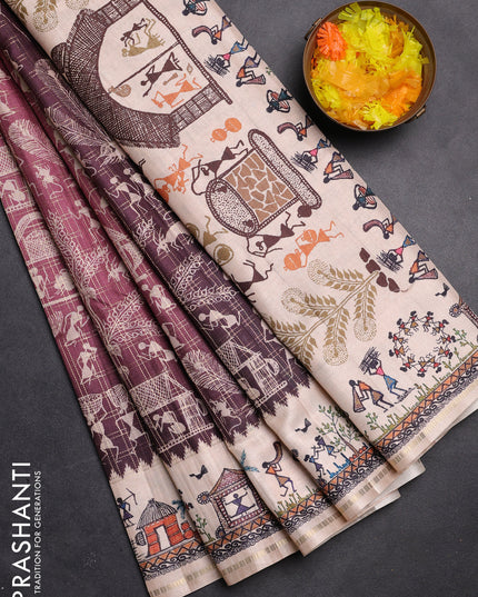 Semi tussar saree pastel maroon and cream with allover zari checks & warli prints  and printed border