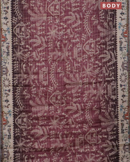 Semi tussar saree pastel maroon and cream with allover zari checks & warli prints  and printed border