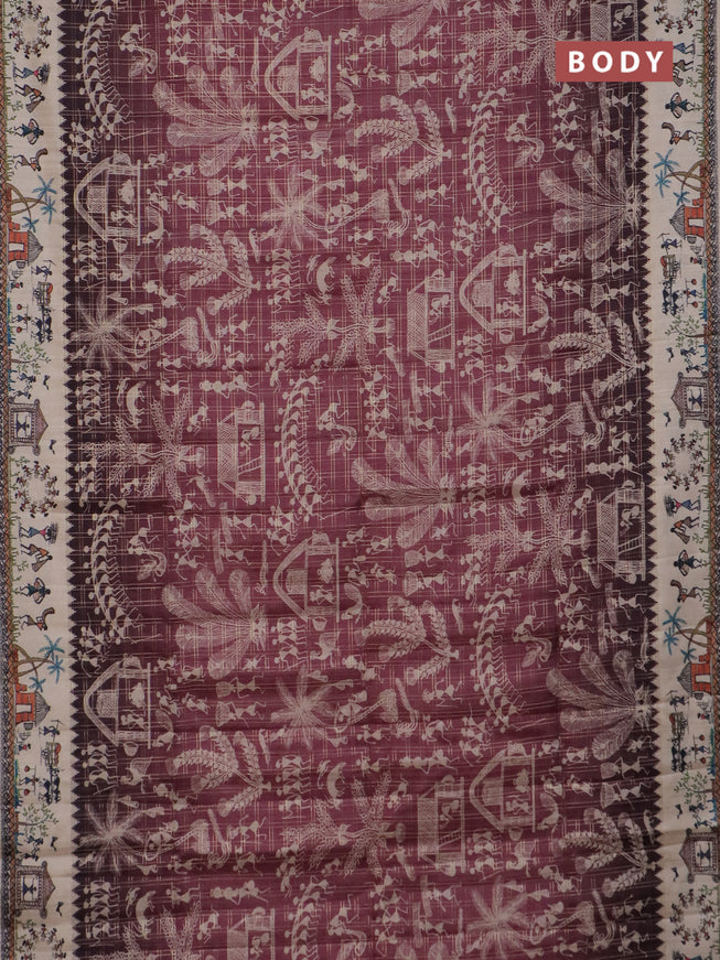 Semi tussar saree pastel maroon and cream with allover zari checks & warli prints  and printed border