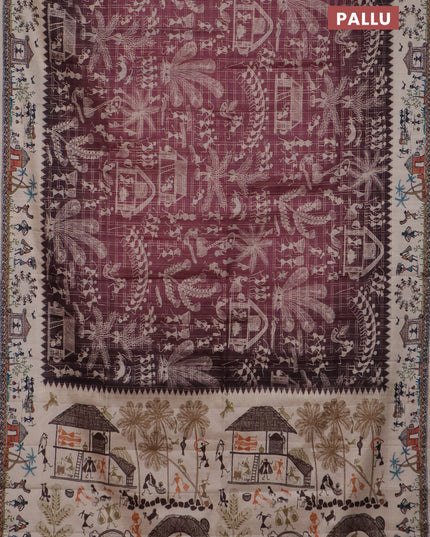 Semi tussar saree pastel maroon and cream with allover zari checks & warli prints  and printed border