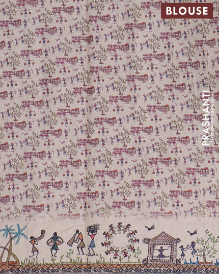 Semi tussar saree pastel maroon and cream with allover zari checks & warli prints  and printed border