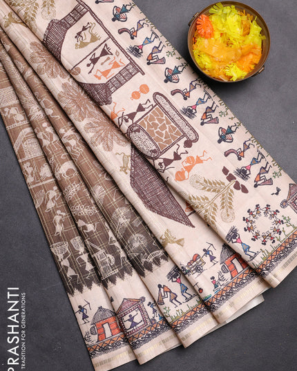 Semi tussar saree mahendi green and cream with allover zari checks & warli prints  and printed border