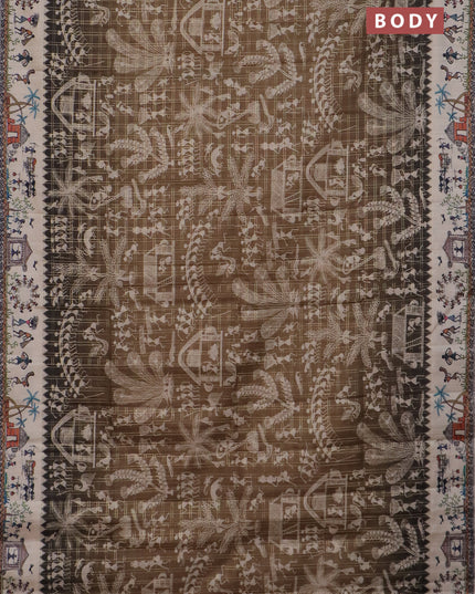 Semi tussar saree mahendi green and cream with allover zari checks & warli prints  and printed border