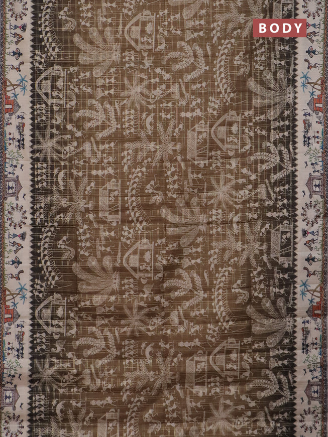 Semi tussar saree mahendi green and cream with allover zari checks & warli prints  and printed border