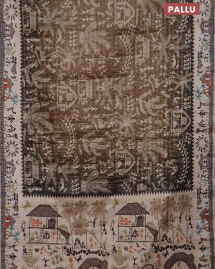 Semi tussar saree mahendi green and cream with allover zari checks & warli prints  and printed border