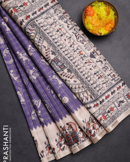 Semi tussar saree violet and cream with allover zari checks & warli prints  and printed border