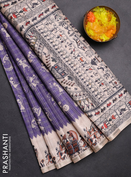 Semi tussar saree violet and cream with allover zari checks & warli prints  and printed border