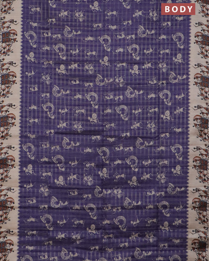 Semi tussar saree violet and cream with allover zari checks & warli prints  and printed border