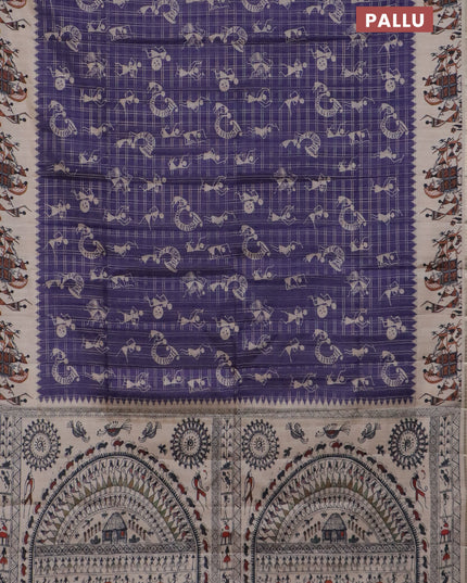 Semi tussar saree violet and cream with allover zari checks & warli prints  and printed border