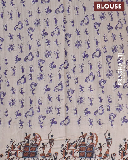 Semi tussar saree violet and cream with allover zari checks & warli prints  and printed border