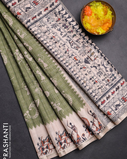 Semi tussar saree green and cream with allover kalamkari prints and zari woven border