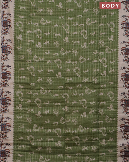 Semi tussar saree green and cream with allover kalamkari prints and zari woven border