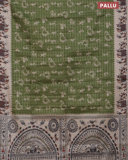 Semi tussar saree green and cream with allover kalamkari prints and zari woven border