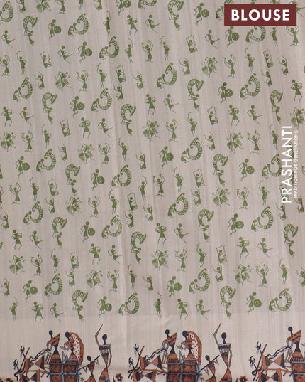 Semi tussar saree green and cream with allover kalamkari prints and zari woven border