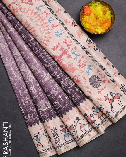 Semi tussar saree lavender shade and cream with allover zari checks & warli prints  and printed border