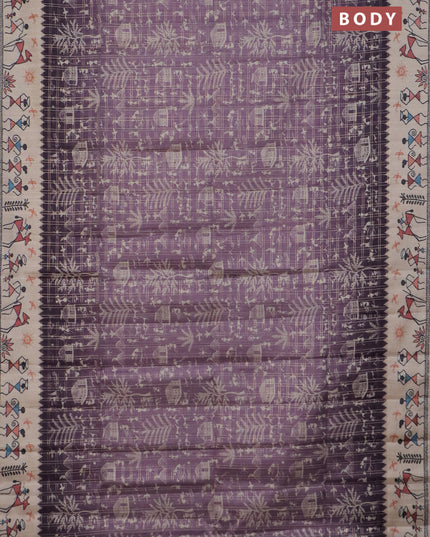 Semi tussar saree lavender shade and cream with allover zari checks & warli prints  and printed border