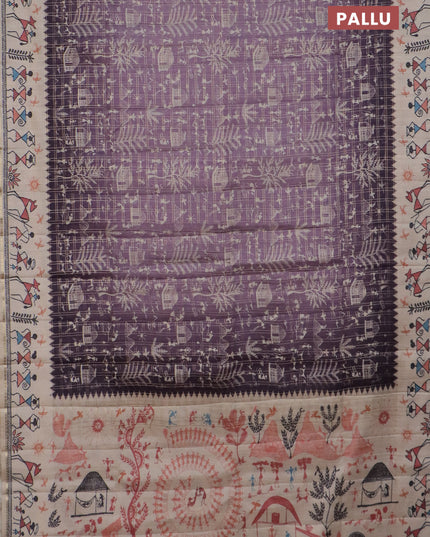 Semi tussar saree lavender shade and cream with allover zari checks & warli prints  and printed border
