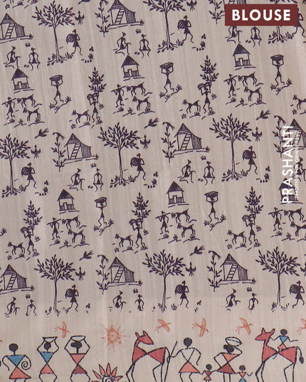Semi tussar saree lavender shade and cream with allover zari checks & warli prints  and printed border