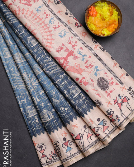 Semi tussar saree blue and cream with allover zari checks & warli prints  and printed border