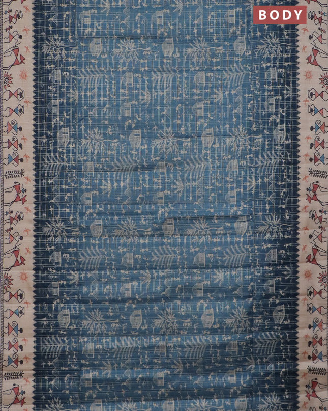 Semi tussar saree blue and cream with allover zari checks & warli prints  and printed border