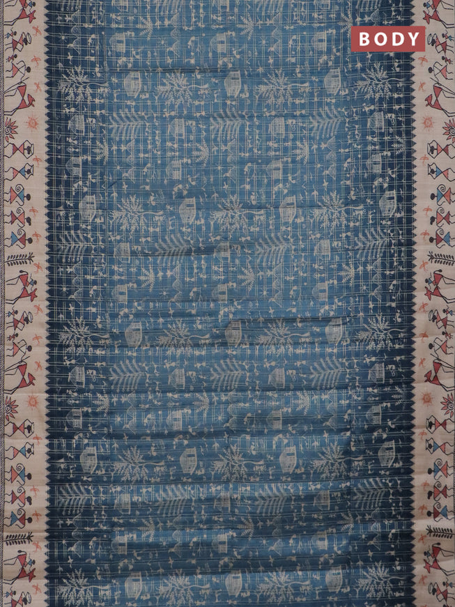 Semi tussar saree blue and cream with allover zari checks & warli prints  and printed border