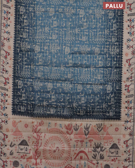Semi tussar saree blue and cream with allover zari checks & warli prints  and printed border