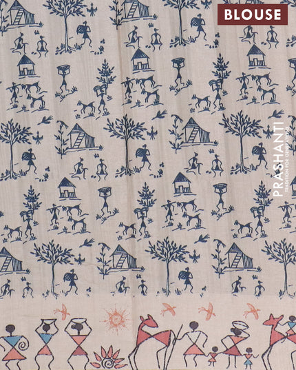 Semi tussar saree blue and cream with allover zari checks & warli prints  and printed border