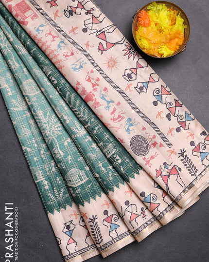 Semi tussar saree teal green and cream with allover zari checks & warli prints  and printed border
